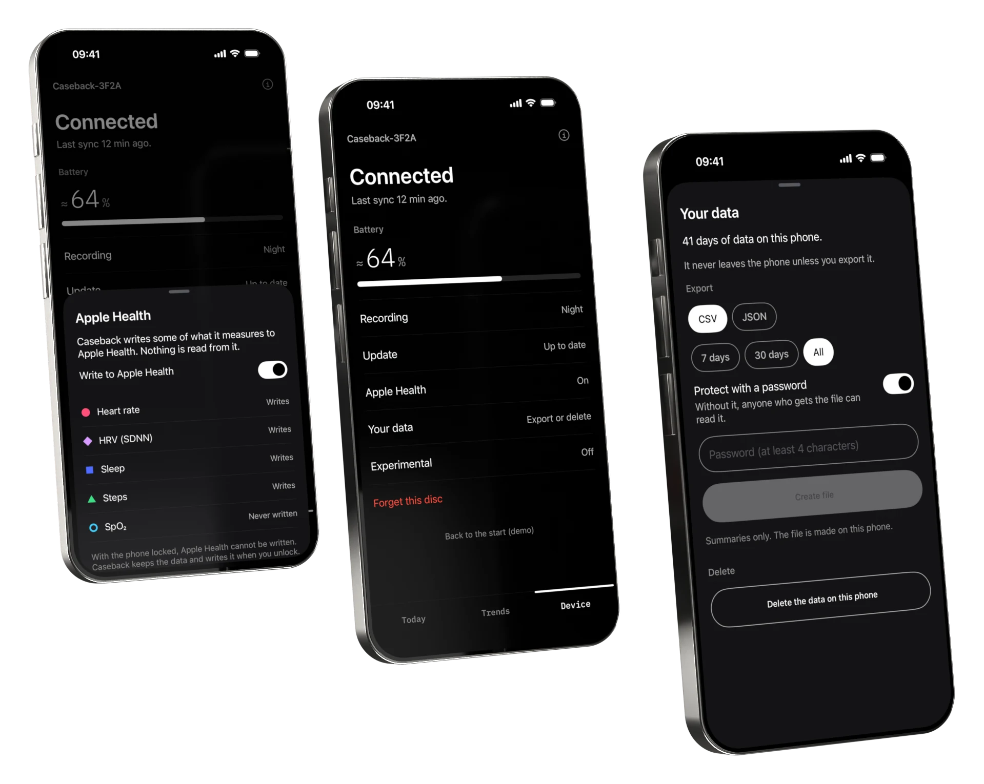 Three phones showing the Device tab: the Apple Health sheet, the disc connected, and the sheet to export or delete the data.