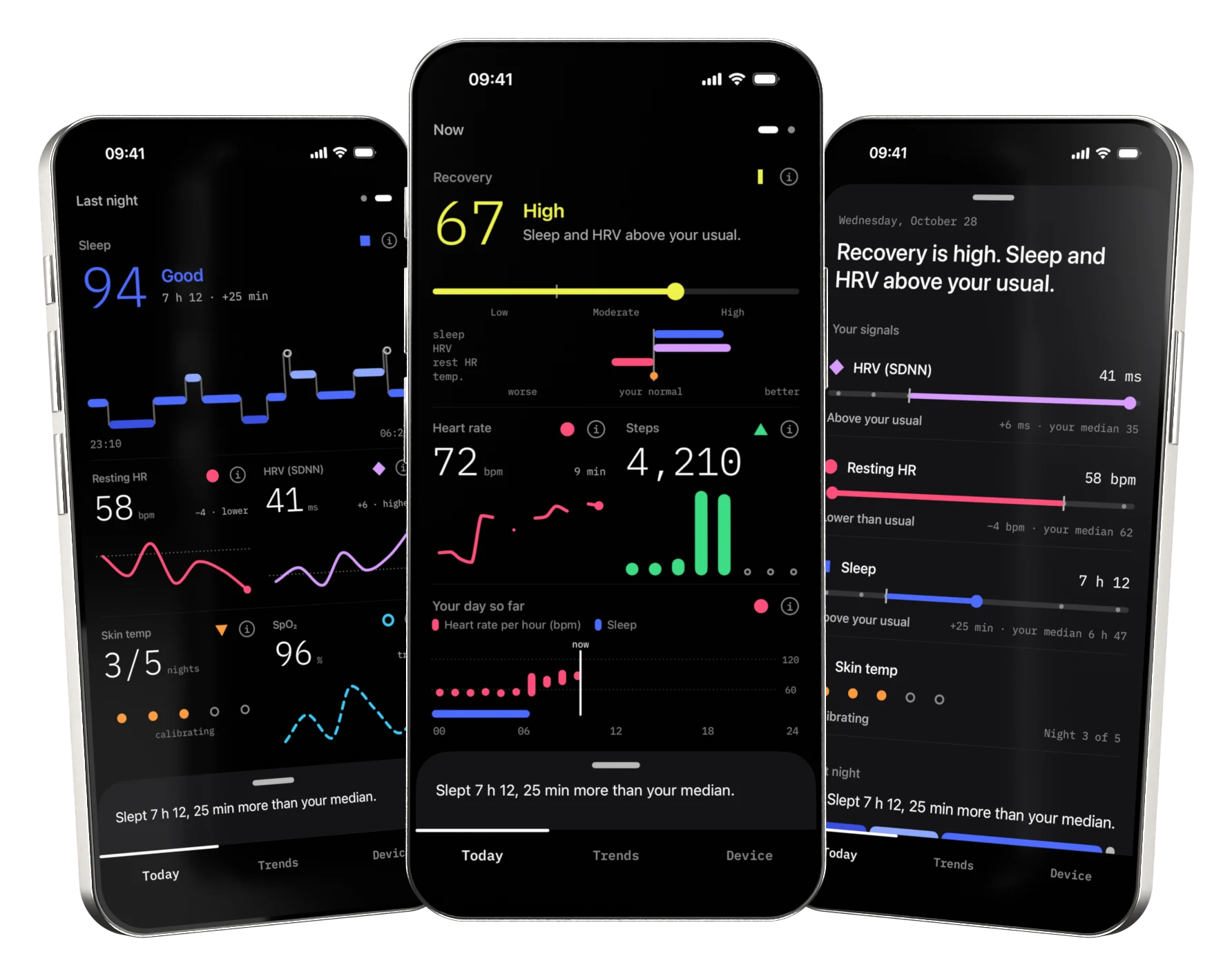 Three phones showing the Today screen of the app: last night, now, and the conclusions sheet pulled up.