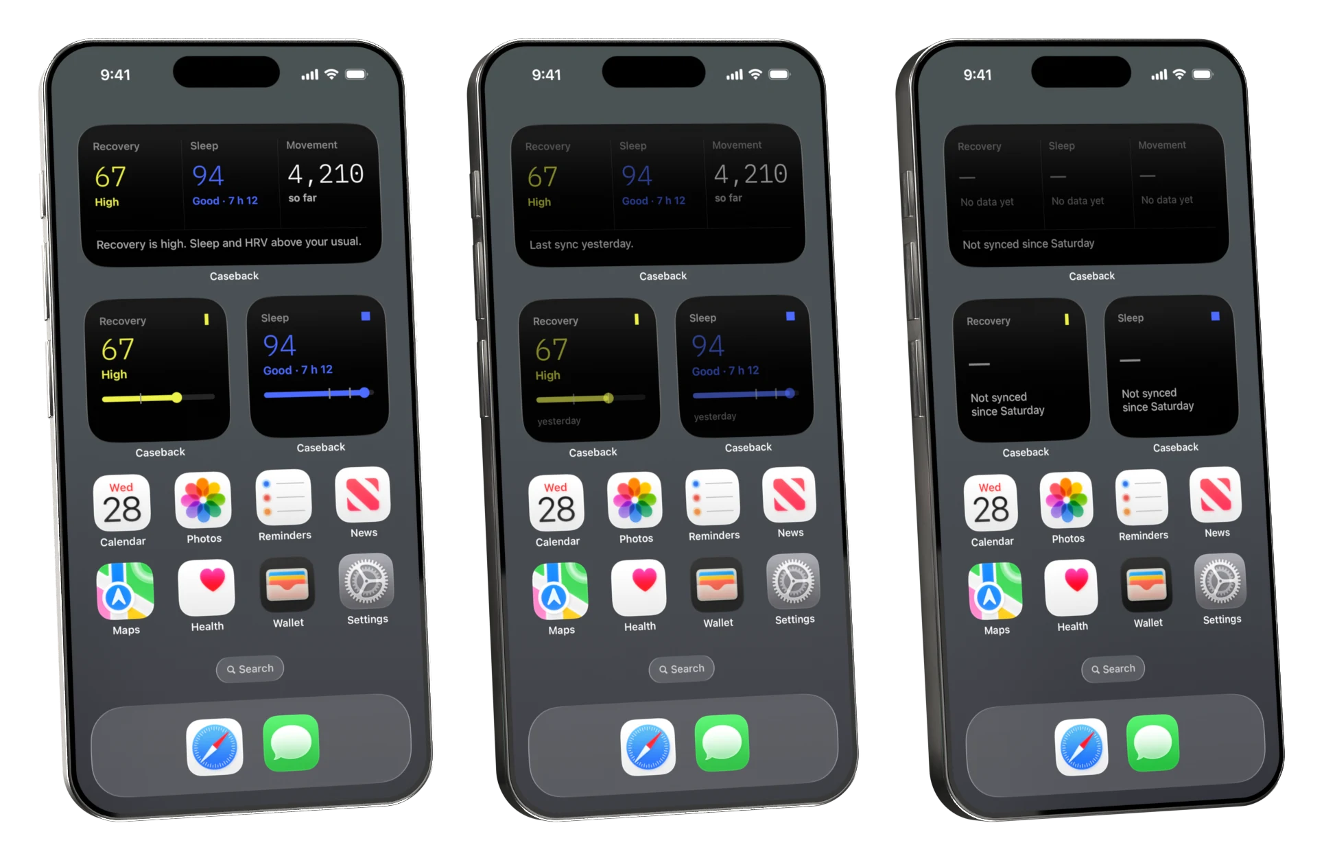 Three phones with the same Home Screen: the Caseback widgets just after a sync, the next day with dimmed numbers, and four days later with no numbers.