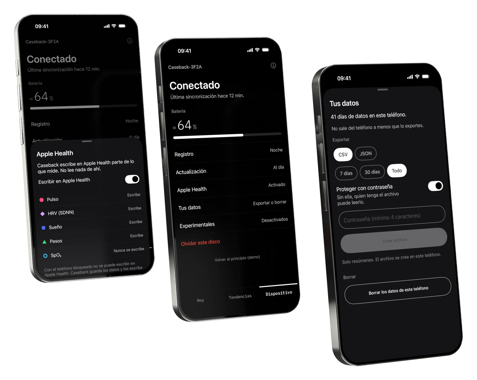 Tres móviles con la pestaña Dispositivo: la hoja de Apple Health, el disco conectado y la hoja para exportar o borrar los datos.