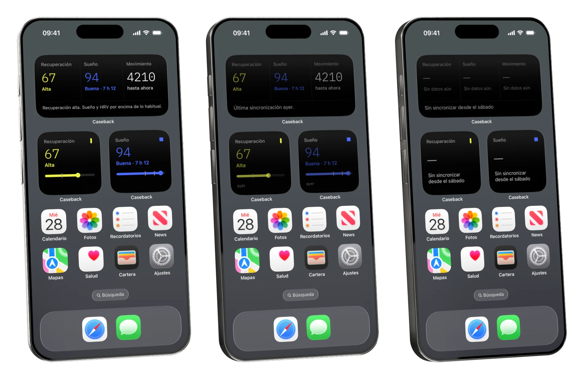 Tres móviles con la misma pantalla de inicio: los widgets de Caseback justo tras sincronizar, al día siguiente con las cifras atenuadas y cuatro días después sin cifras.